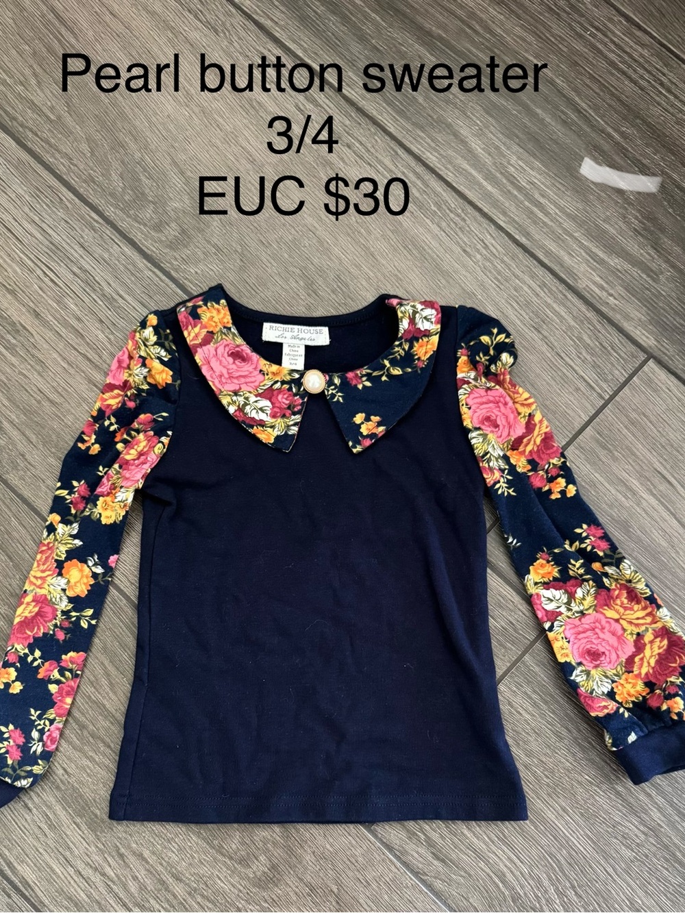 Rococo House Navy Floral-Collar Pearl Button Top